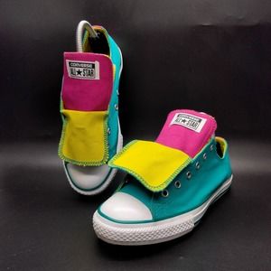 CONVERSE ALL STAR Denim Teal Pink Yellow Double Tongue Size 5 Low Sneakers